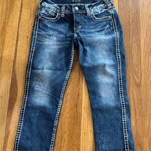 Silver Jeans Suki Mid Capri in Deep Blue with stitching size 30W